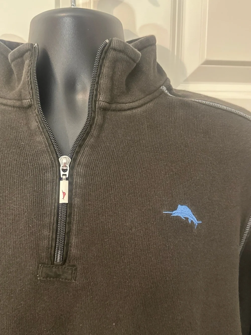 Tommy Bahama Men's Black Quarter-Zip Sweater with Iconic Blue Swordfish Logo